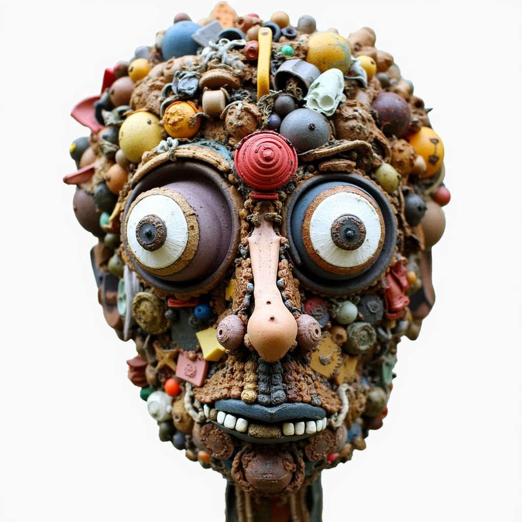 sculpure of funny robot face made of trash, trashart