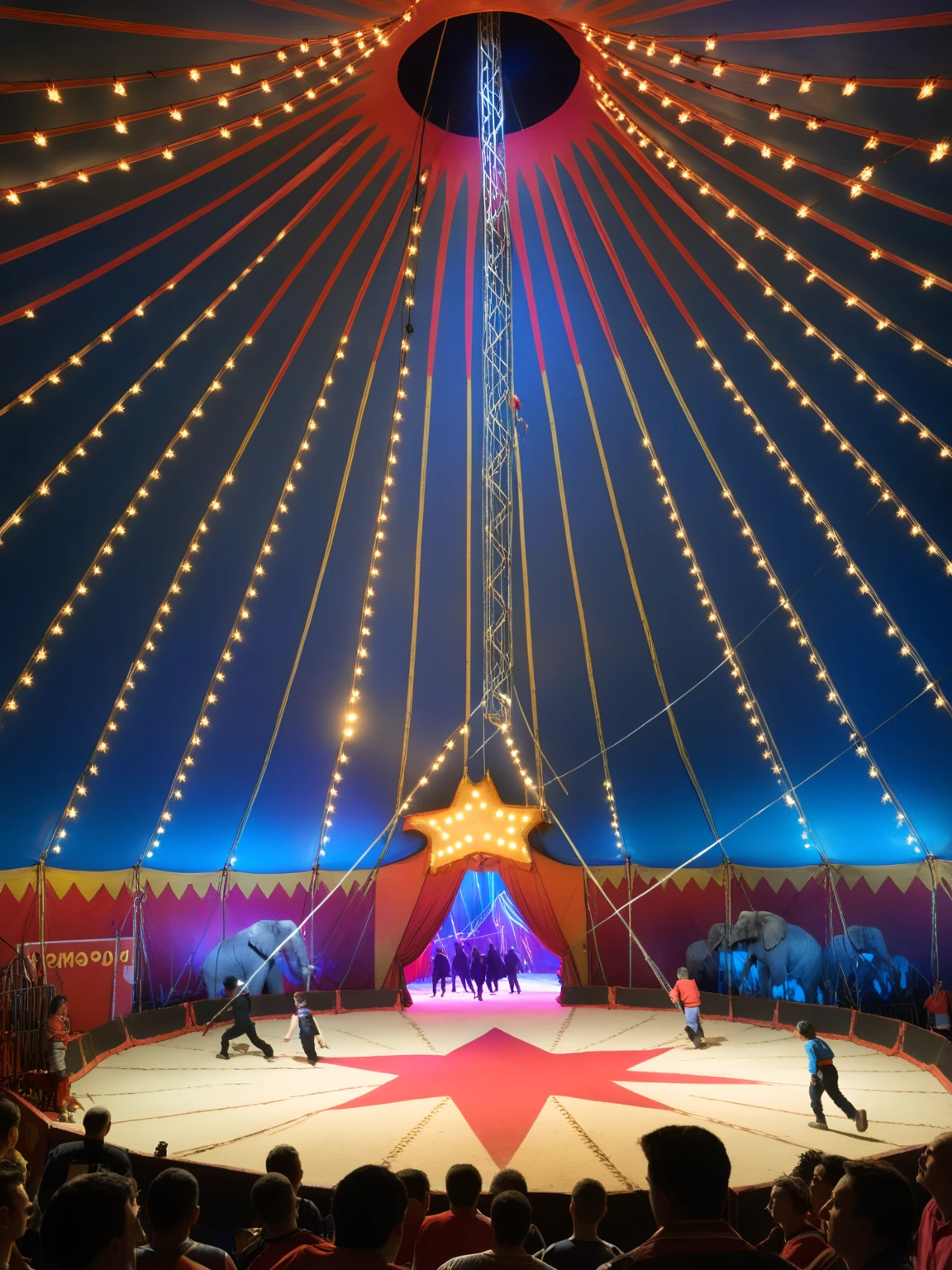 <lora:JJsCircusTent_XL:1> ,((Circus Tent)), ((indoors)) , bmultiple boys, star (symbol), scenery, walking, 6+boys, light, crowd, stage, people, concert, animals,