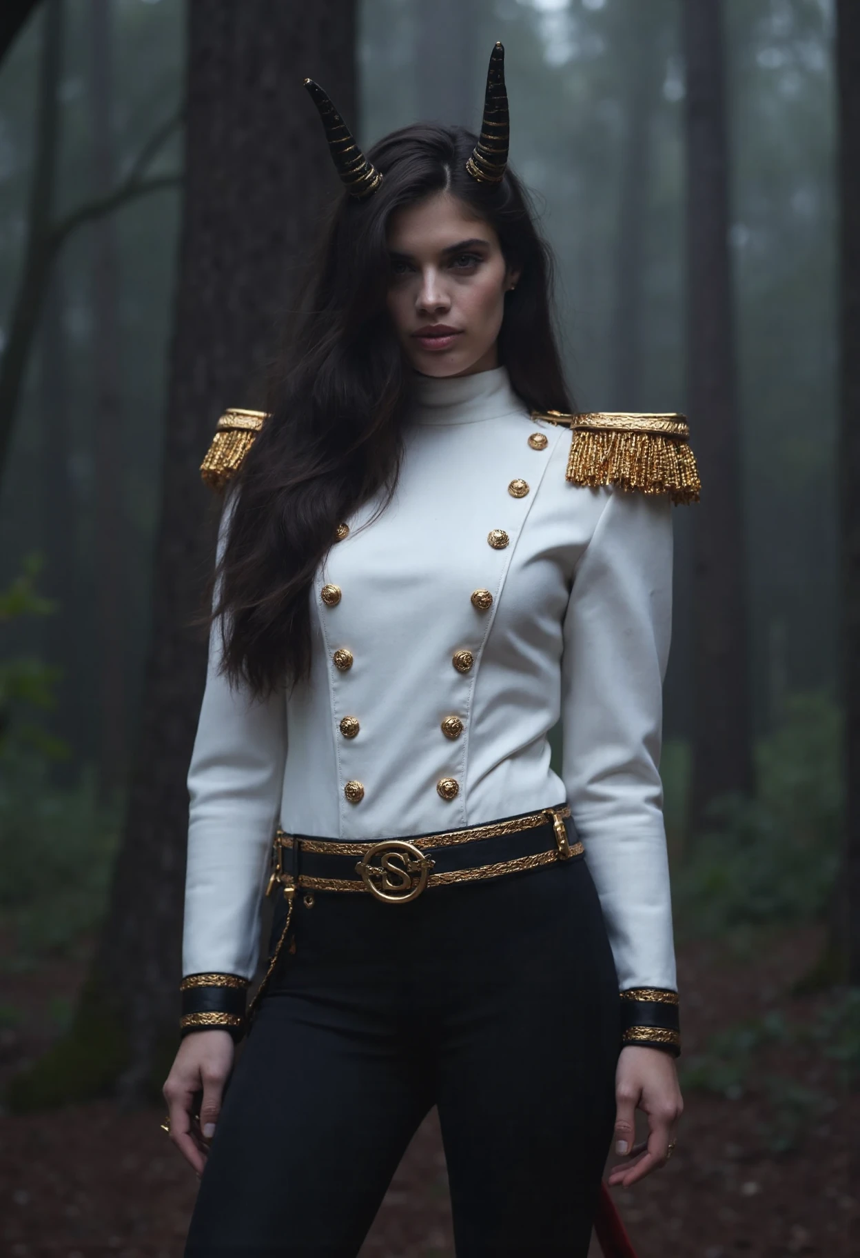 A professional photography in 8k capturing all details of the gorgeous wos4r4s4m she has a fantasy aesthetic. She has horns protruding from her head. Her hair is long and dark brown that cascades down her back. She is wearing a white double-breasted jacket with gold epaulettes and high collar, which is complemented by a gold belt with a large buckle with the letter "S". The jacket is accessorized with gold buttons and gold belt with large buckle. She is also wearing black pants that are fitted at the waist and thighs, with gold trim and gold belt with a smaller buckle. She has a demon tail that is visible and is colored in a gradient of black and red. The background is a dark forest with fog. The illumination is professional making her stand against the background