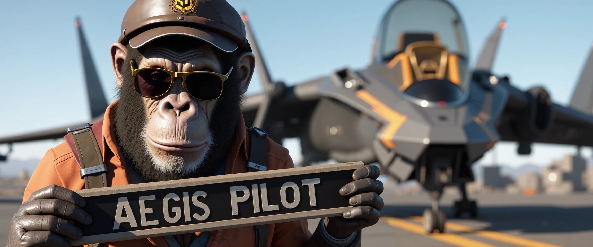 instagram photo of a chimp wearing pilot sunglasses and hat holding a sign AEGIS PILOT.

The chimp is standing in front of a spaceship