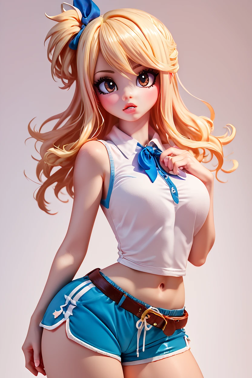 score_9, score_8_up, score_8, medium breasts, (curvy), cute, eyelashes,        BREAK,  aaLucy, hair ribbon, side ponytail, blonde hair, long hair, large breasts, white shirt, sleeveless, belt, blue skirt, <lora:Lucy_Heartfilia_PDXL_v2:0.8>, ,   BREAK,  (dolphin shorts:1), full lips, red lips, looking at viewer,  embedding:zPDXL, Expressiveh,  <lora:BeautifulCAT_PDXL:1.0>,   <lora:SDXLFaeTastic2400:0.5>,   <lora:Expressive_H-000001:0.4>,