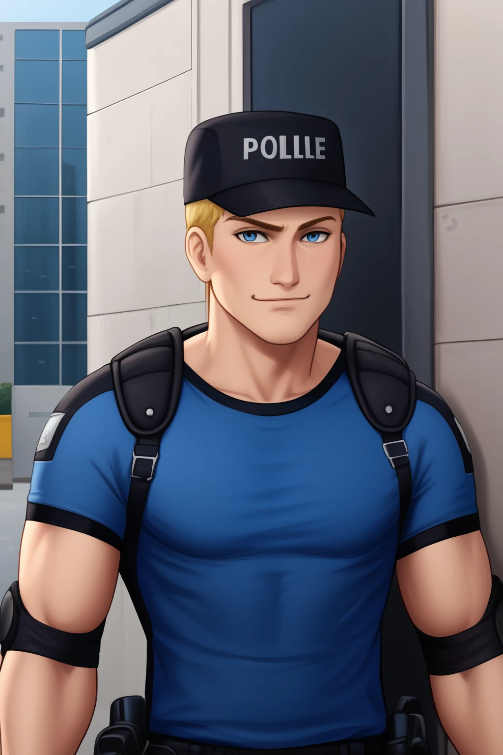 muscular, taut shirt, blue t-shirt, sleeves on shoulders, black baseball cap, elbow pads, police uniform, shoulder straps, blonde hair, silver shoulders, blue eyes, (masterpiece, best quality:1.2), solo, male focus, 1boy, big pecs, smirk, leaning against building, back against building, wall lean, street, city, facing viewer