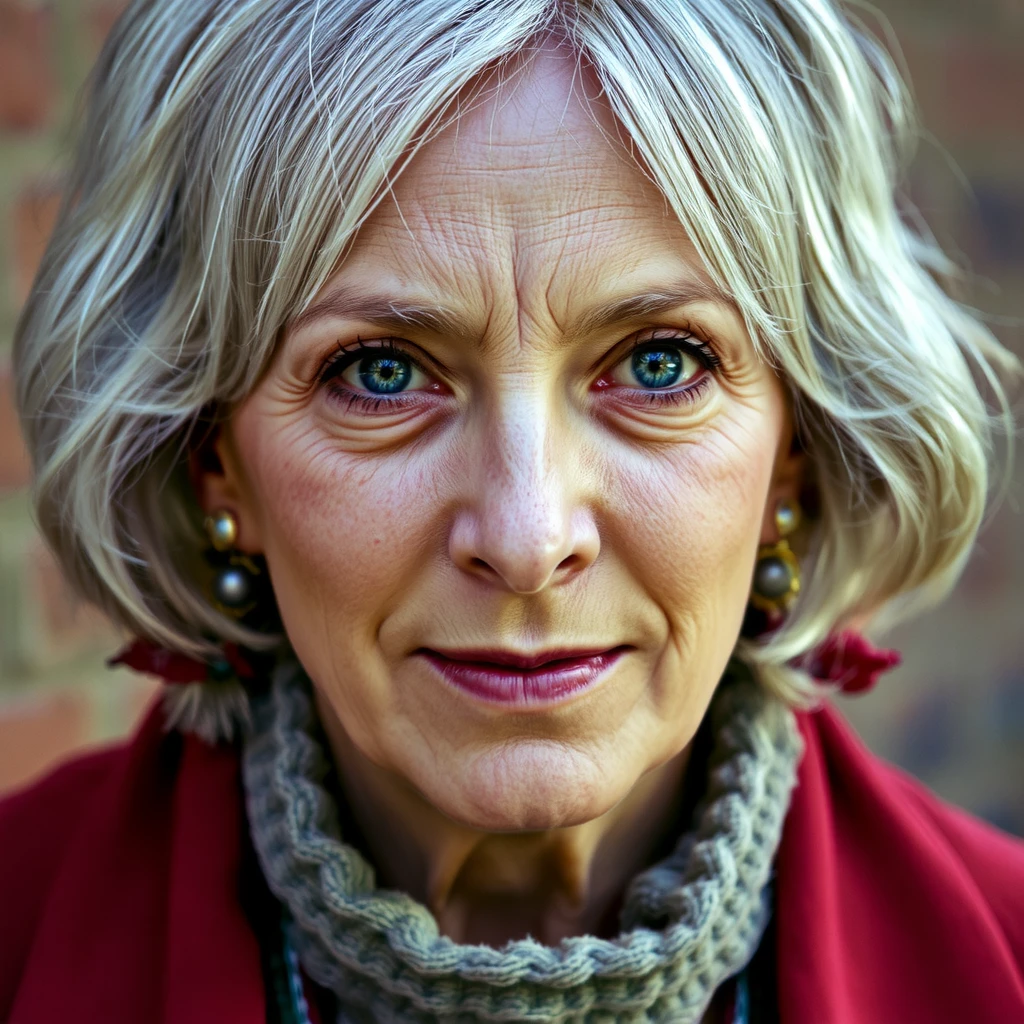 high key, over exposure, a portrait of and old lady with silver hair