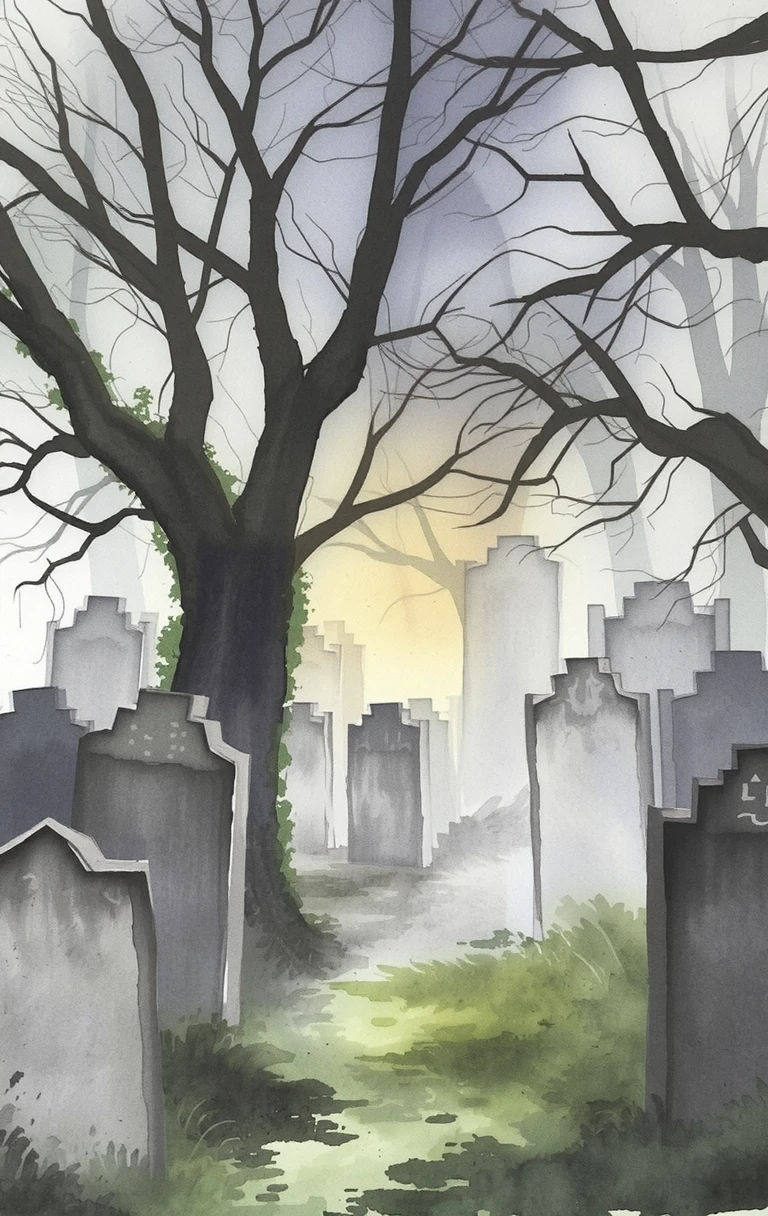 watercolor painting A mysterious, foggy graveyard with ancient, weathered tombstones, creeping ivy, and faint, eerie lights glowing between the trees.