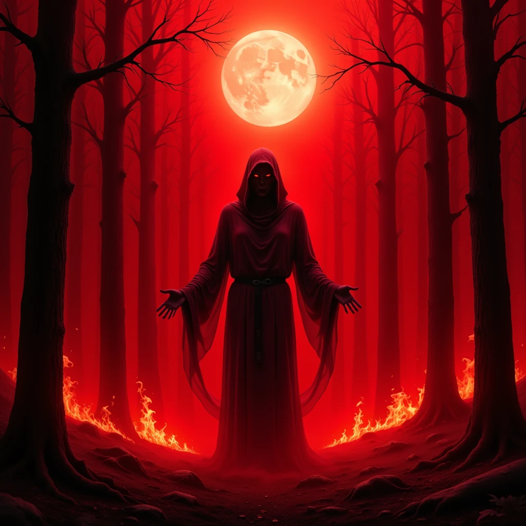 An evil ghost, red tones, red hues, fire, in the forest, red sky. Surrounded by fire. Glowing red. pale moon overhead.

Atmospheric.

ghstlyCE style