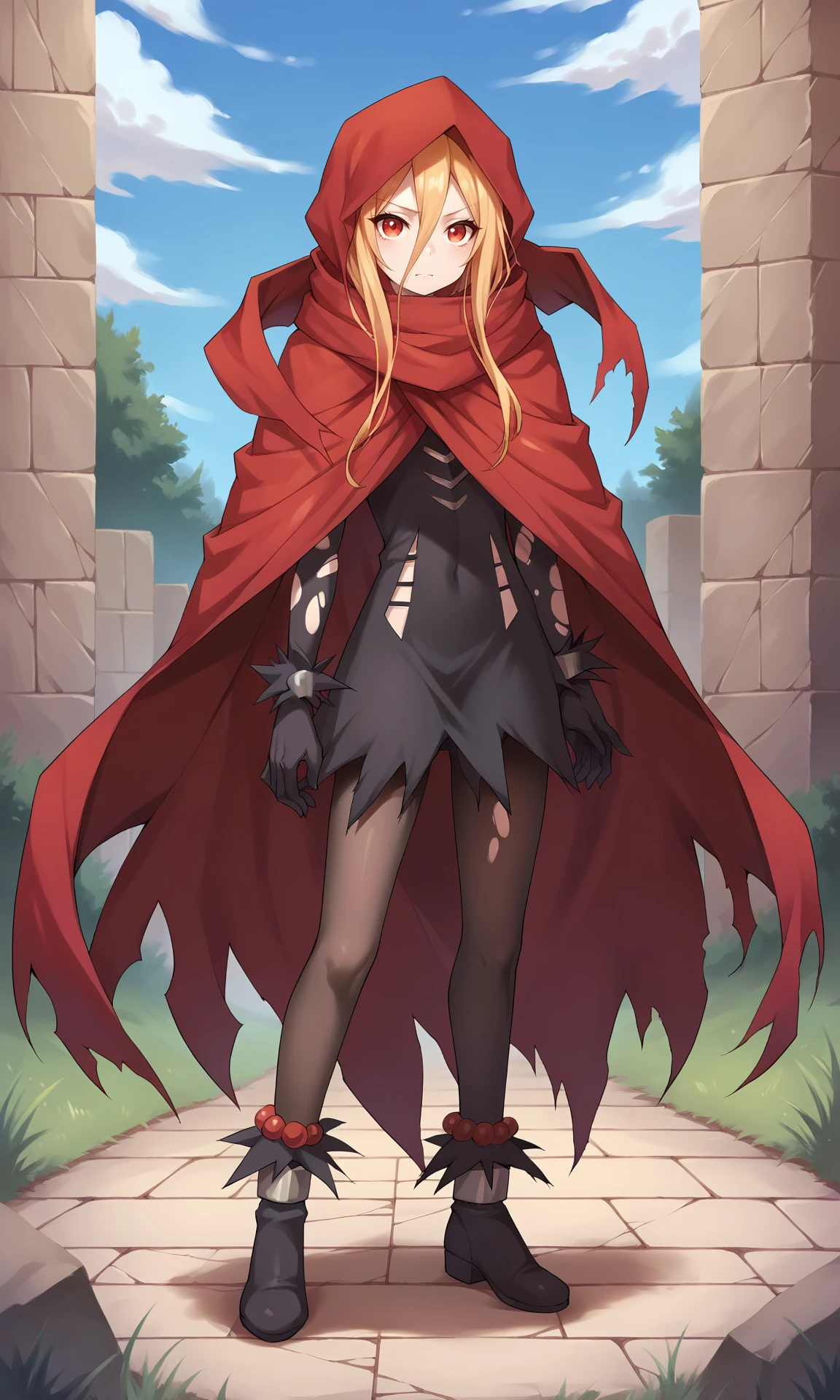 score_9, score_8_up, score_7_up, score_6_up, score_5_up, score_4_up, black_short_dress_brown_pantyhose, Evileye, solo, red_cloak, torn_cloak, hooded_cloak, hood_up, torn_dress, torn_pantyhose, boots, black_footwear, anklet, ankle_cuffs, standing, full_body, outdoors, <lora:Evileye_V1(SDXL):0.9> <lora:hand 4:1>, Hand, detailed, perfect, perfection, hands,