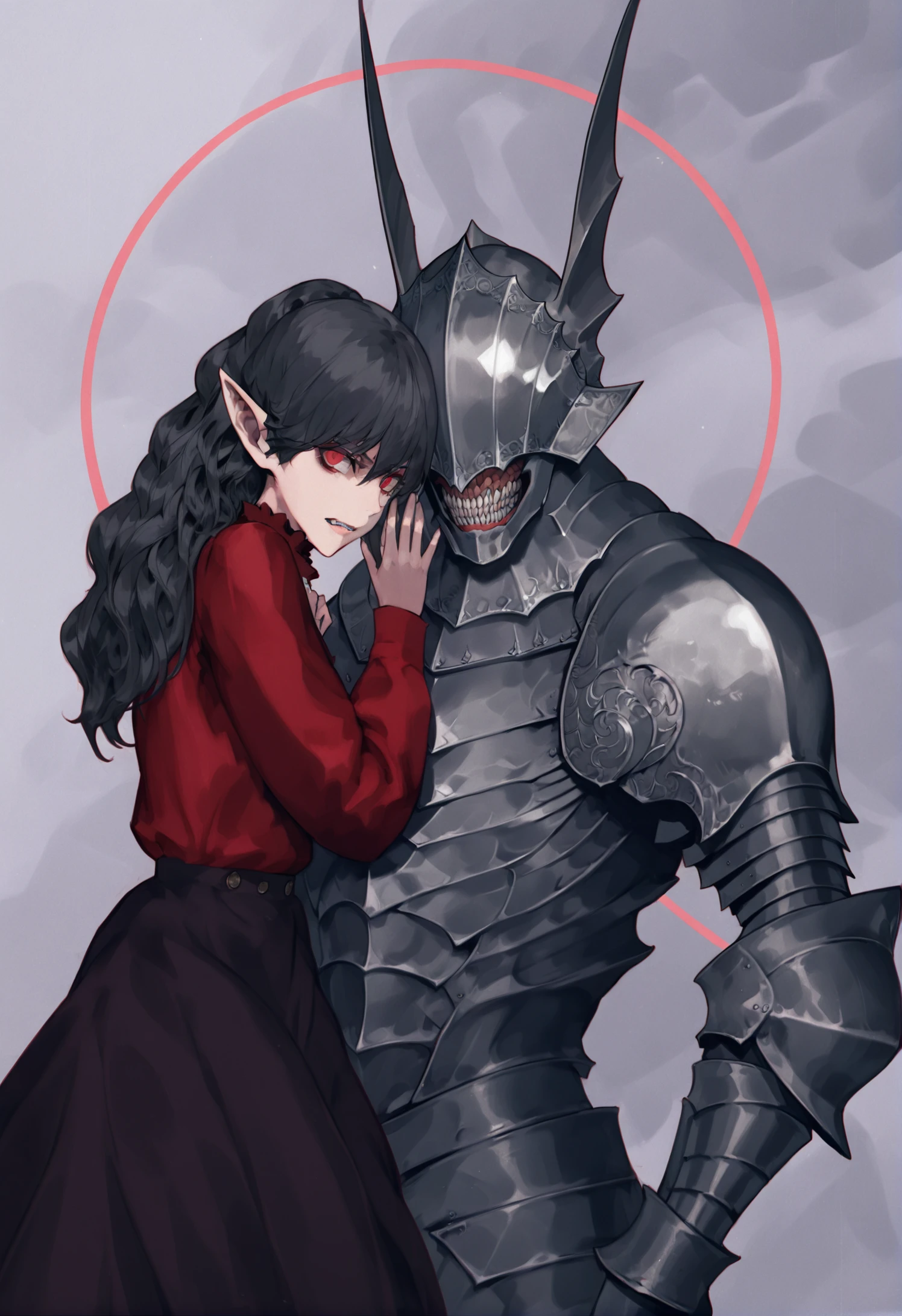 masterpiece, best quality, armor, 1girl, red eyes, helmet, long hair, black hair, shirt, pointy ears, red shirt, looking at viewer, full armor, teeth, sharp teeth, skirt, long sleeves, helm, 1boy 
 <lora:mineoXLlokr4f-000176:0.95>