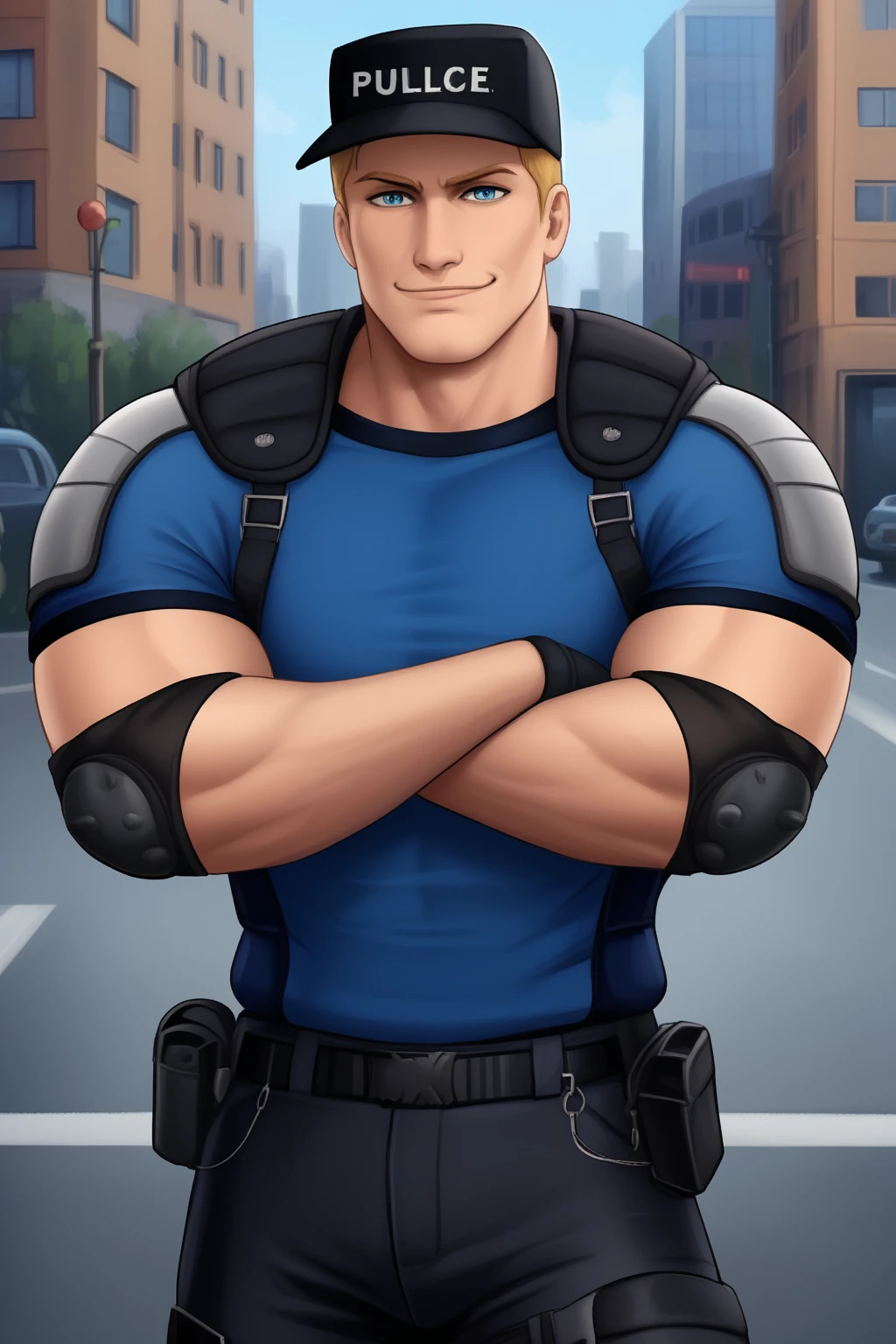 muscular, taut shirt, blue t-shirt, sleeves on shoulders, black baseball cap, elbow pads, black pants, police uniform, shoulder straps, blonde hair, silver shoulders, blue eyes, (masterpiece, best quality:1.2), solo, male focus, 1boy, big pecs, smirk, street, city, facing viewer, arms folded, cars