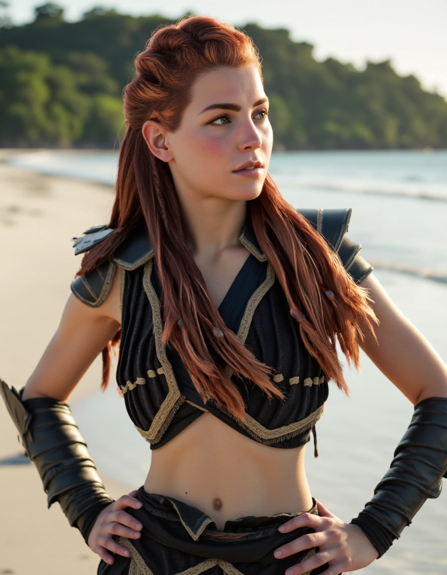 profesional photoshoot of a beautiful woman Aloy with long red hair tied in multiple braids posing at the beach in a black carja armor that shows her toned midfriff, glancing at the distance, hands on hips, film camera, film grain, shot on 50mm lens at f/2.8 aperture, bokeh, large eyes, full body view, mouth closed, face is well lit, realistic clear smooth skin,
<lora:Aloy_Forbidden_West:1>   <lora:detail_enhancer_flux_v1:.6>