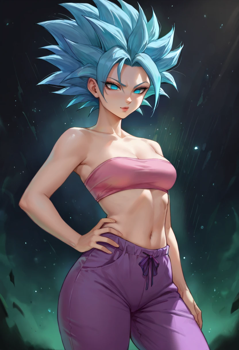 score_9, score_8_up, score_7_up, BREAK ict style, 1girl,super saiyan blue, spiked hair, blue hair, blue eyes,no pupils, pink tube top, purple baggy pants, purple harem pants, cowboy shot, contrapposto,dark background, green light particles, green theme,hip grab, hand on hip