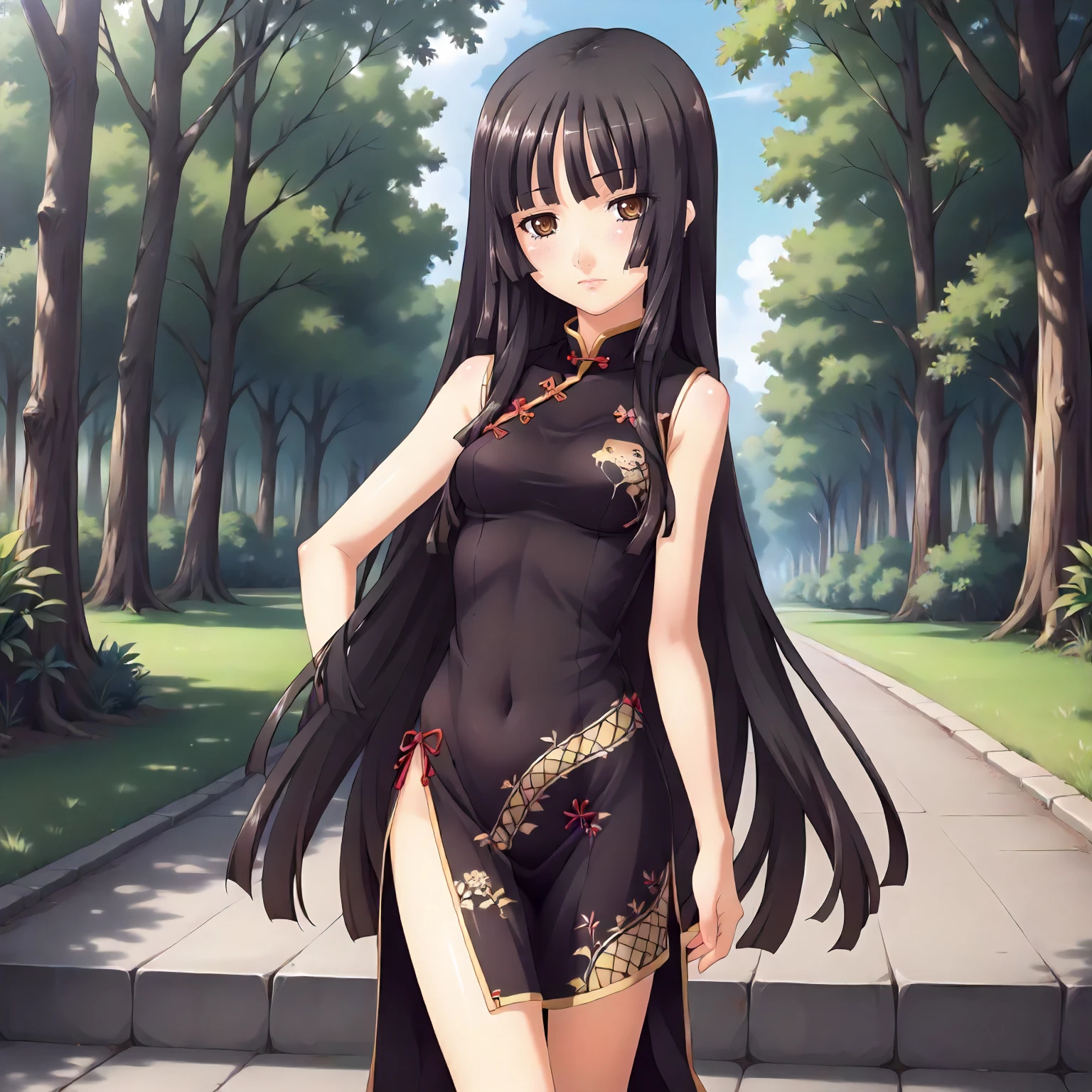 <lora:SDG_HiyoriKozakuraXLpony001>,
outdoors,nature,
solo,
HiyoriKozakura,1girl,black hair,long hair,hime cut,brown eyes,
standing,
print_cheongsam,