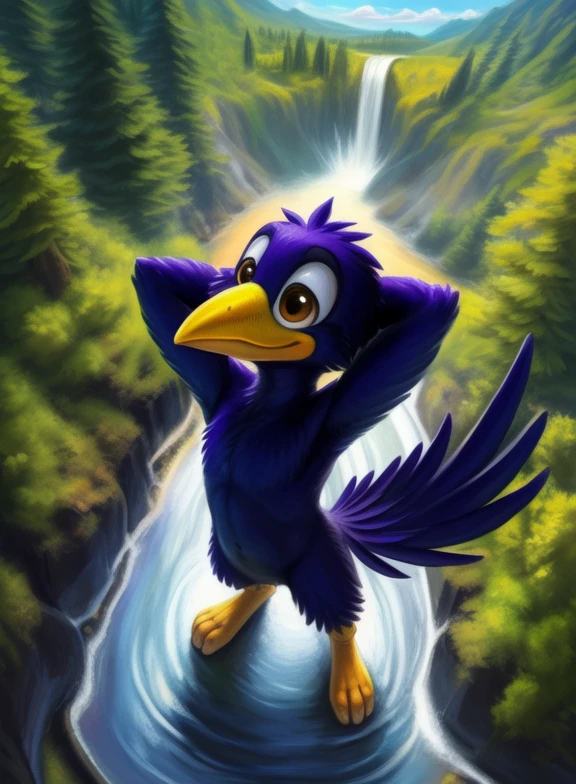 <lora:RudiRudTrudYif:0.8> RudiRudTrud, raven, bird, dark blue feathers, orange paws, dark brown eyes, beak, ( chibi, , nude, naced, )  arms wings
[  solo, (nature), forest, day, clouds, waterfall,] (( standing, high-angle view, hand behind head,))
(beautiful, aesthetic, perfect, delicate, intricate, saturated colors), masterpiece, digital drawing, best quality,
[by kenket|by totesfleisch8], by thebigslick:by silverfox5213:0.8], [by syuro, by paloma-paloma::0.2, (Tricksta, TotesFleisch8)