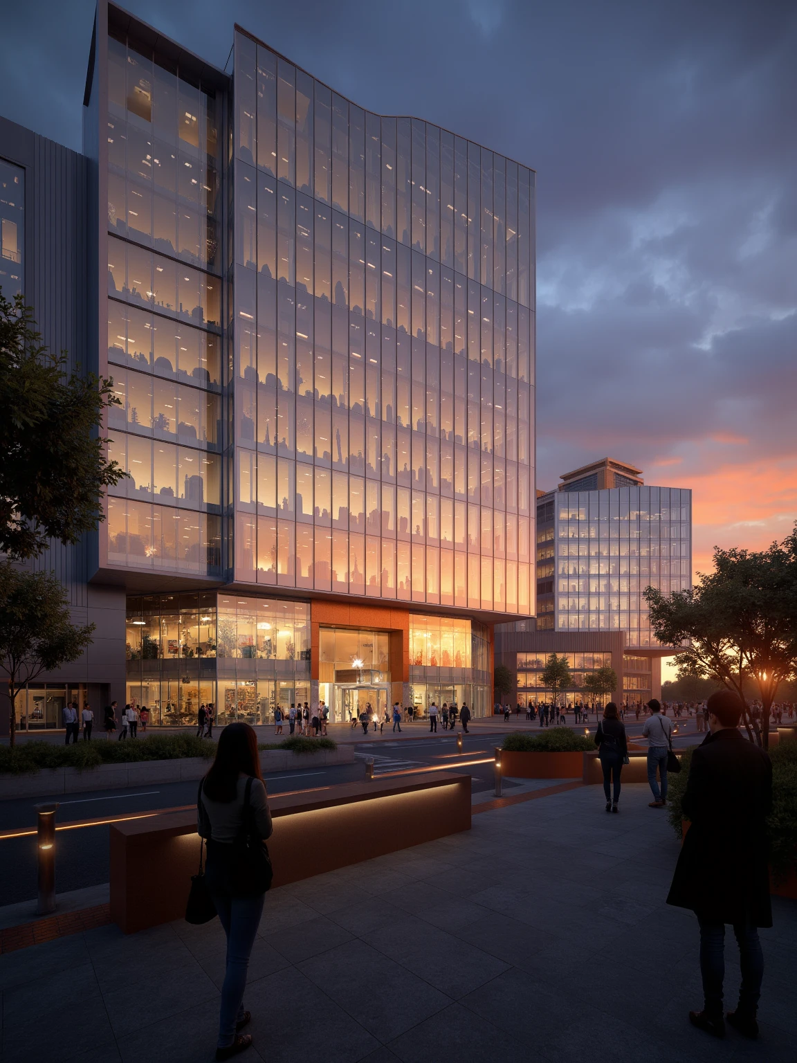 Architectural Exterior with Sunset: A striking photographic piece that captures the interplay of light and architecture, focusing on a building's glass faÃ§ade as the sun sets.
The photograph features a modern building with a prominent glass curtain wall, reflecting the warm hues of the sunset. The building's design is characterized by its sleek lines, geometric shapes, and the transparency provided by the glass panels.
Key elements of the scene include:
- The glass faÃ§ade, which acts as a canvas for the sunset's colors, displaying a vibrant palette of oranges, reds, and purples.
- The building's structure, which is accentuated by the play of light and shadow created by the setting sun, enhancing the architectural details.
- The surrounding environment, which may include other buildings, trees, or water features, all contributing to the overall atmosphere of the scene.
- People, if present, are silhouetted or backlit, adding a sense of scale and human presence to the photograph.
The lighting in the photograph is naturally provided by the setting sun, casting long shadows and creating a dramatic contrast between the light and dark areas of the image. The photographer has skillfully utilized the golden hour to capture the soft, diffused light that defines this time of day.
The composition of the photograph is carefully considered, with the building's facade as the central focus. The camera angle and framing are chosen to maximize the impact of the sunset's reflection on the glass, while also capturing the building's full height and the surrounding environment.
This photographic work captures the beauty of architectural design in harmony with natural light, highlighting the transformative power of the sunset on urban landscapes. The image serves as a testament to the photographer's ability to capture the fleeting moments of beauty in the everyday environment, inviting viewers to appreciate the interplay of light, architecture, and nature.