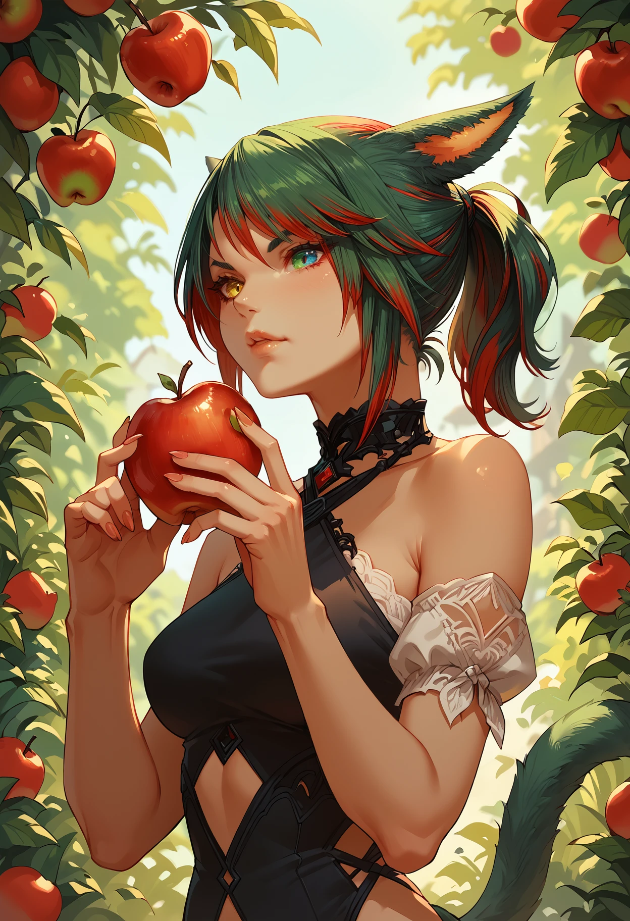 score_9, score_8_up, score_7_up, miqo'te, green hair, red hair, short hair, siriha, ponytail, two-tone hair, tail, heterochromia, yellow eyes, green eyes, eating apple
<lora:miqote siri (pony) v1:1.0>