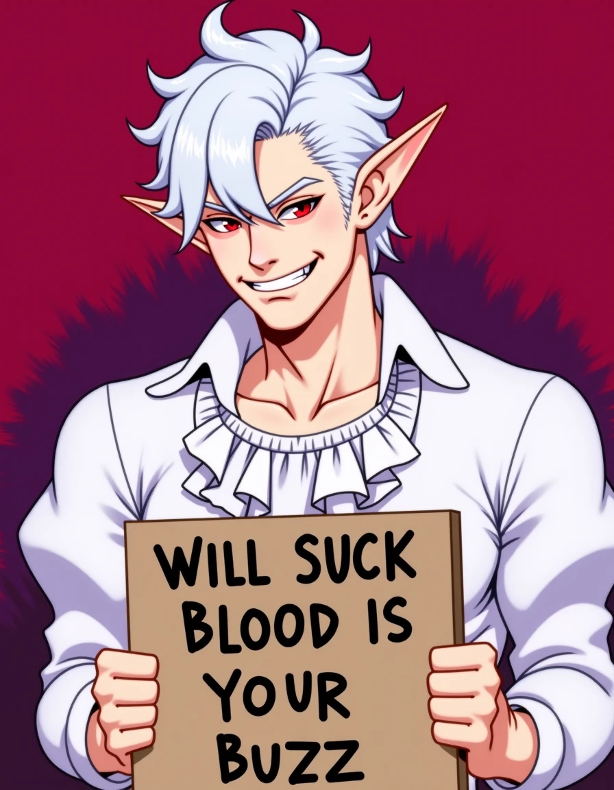 <lora:Astarion_Baldurs_Gate_3-000011:1>,  digital painting of BG3_Astarion holding a sign that says "will suck blood for buzz", white hair, red eyes, smirk, white ruffled shirt, red and purple simple background