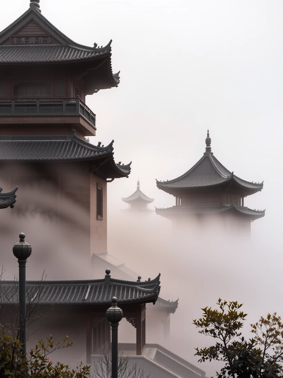 Ancient Architectural Complex on Mount Wudang: A misty morning scene showcasing the ancient architectural complex on Mount Wudang,Hubei,with the structures shrouded in the soft,mystical veil of dawn.,
The image presents the historic ensemble of Mount Wudang's architectural marvels,a testament to China's rich Taoist heritage. The early morning light filters through the dense fog,casting a gentle glow on the ancient buildings,their outlines softened by the enveloping mist.,
The complex,with its tiered roofs,ornate eaves,and intricate carvings,stands as a silent witness to centuries of spiritual practice. The mist adds an otherworldly quality to the scene,enhancing the ethereal beauty of the structures and their surroundings.,
This depiction captures the essence of Mount Wudang's ancient architectural complex,set against the serene backdrop of a misty morning. The image evokes a sense of tranquility and reverence,reflecting the spiritual significance of this Taoist sanctuary and its timeless connection to the natural world.,