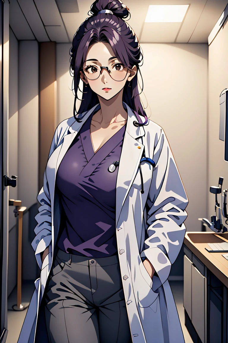 (RAW photo, best quality,facing the viewer,from front), operating room, overhead surgical light,blurred background, focused, dithering,backlighting,
 <lora:CMC_Katherine_Moretti_V1.0:0.9> cmc924, katherine moretti, 1girl, solo,dark purple hair, single hair bun, brown eyes,long hair,
 <lora:Doctor_Uniform_V2.0:0.8> doctor_traditionalcoat, 1girl, solo, shirt, pants, labcoat, doctor, stethoscope, looking at viewer, hands in pockets,