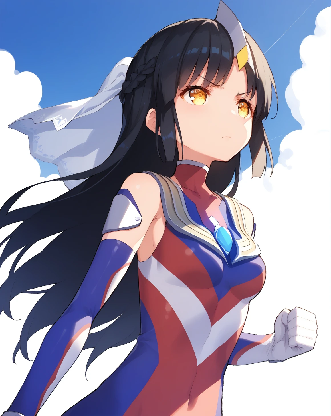 <lora:ultragirl_tiga_v1.1:1>,tiga,headgear,long hair,black hair,braid,yellow eyes,small veil,
blue chest jewel,silver chest jewel,multicolored bodysuit,elbow gloves,
1girl,solo,
standing,clenched hands,looking up,arms at sides,
sky,
serious,, score_9,score_8_up,score_7_up,source_anime,best quality,masterpiece,uncensored,detailed eyes,