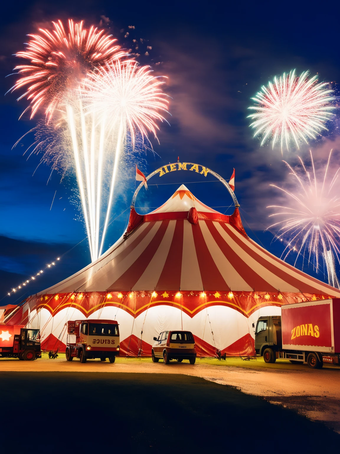 <lora:JJsCircusTent_XL:1> ,((Circus Tent)), ((outdoors)) , building, blue sky, window,   subject,  sky, night, cloud,  real world location, realistic, flag, grass, road, ((fireworks)),  ground vehicle, ((light bulbs))