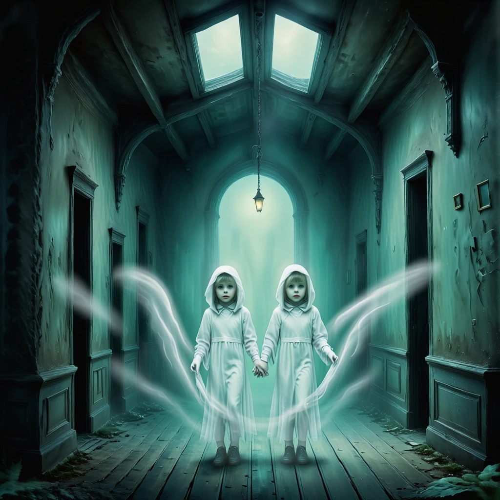 Two little ghost girls in a rustic old house, holding hands, looking at the viewer.

Atmospheric.

ghstlyCE style