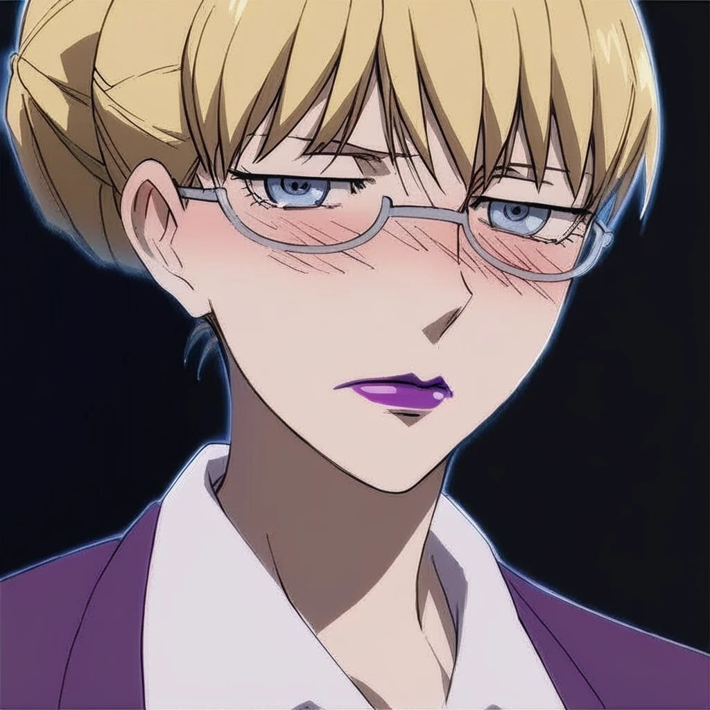 score_9, score_8_up, score_7_up, source_anime, expressive, anime, Artist speedlines, dynamic, D4RK3RTH4NBL4CK, BR1T4, 1woman, (brita_(darker_than_black):1.2), blonde_hair, blue eyes, purple_lips, glasses, business_attire, serious_expression, anime_girl, purple_jacket, white_shirt, tied_hair, female, looking at viewer, facing viewer, bare_legs, high_heels, blush, blushing, embarrassed, dark background, Artist style:komori_takahiro