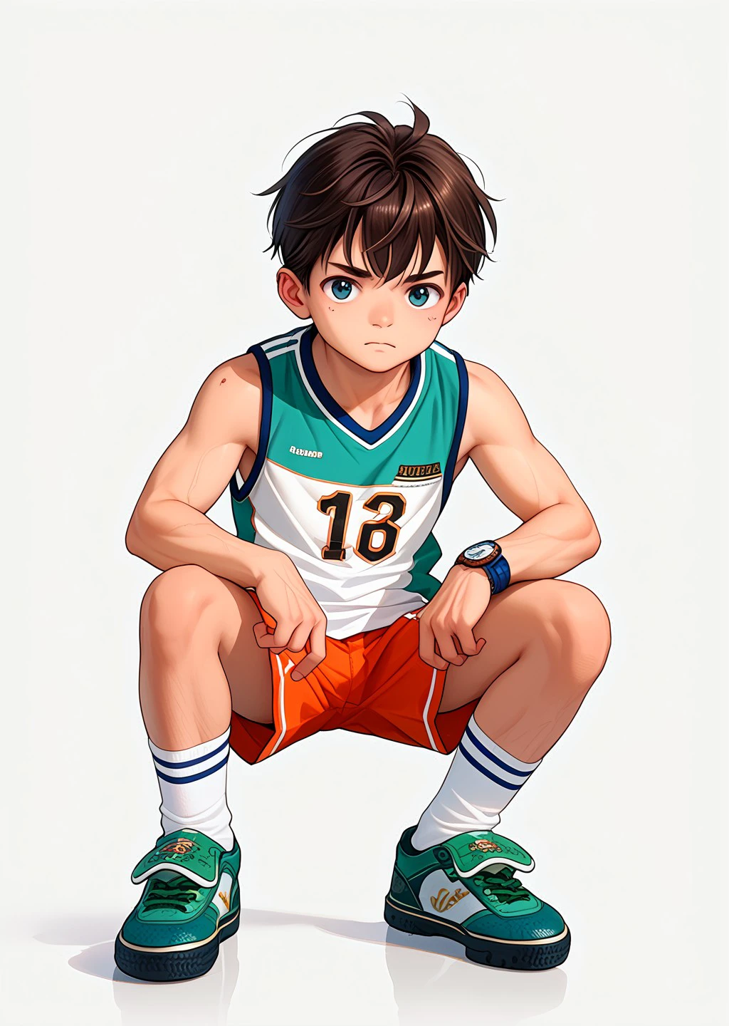 score_9,score_8_up,score_7_up,score_6_up,masterpiece,1boy,solo,japanese,sxzs \(shoes\),green shoe,jersey,sleeveless,shorts,socks,<lora:sxzs>,simple background,