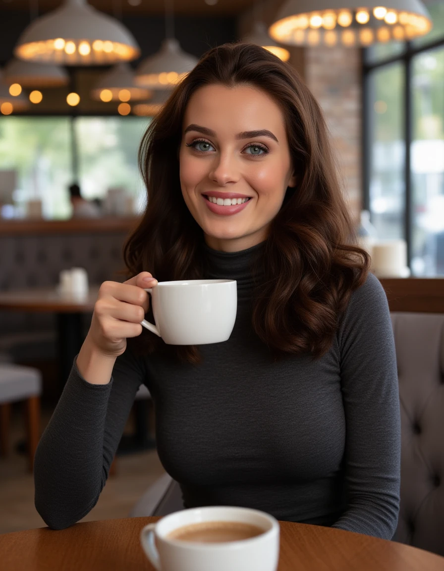 <lora:Lana_Rhoades_Flux:1> realistic photo of lanarhoades,  makeup,  breasts. wearing a fitted turtleneck sweater dress,  in a cafe having a coffee. looking at viewer smiling