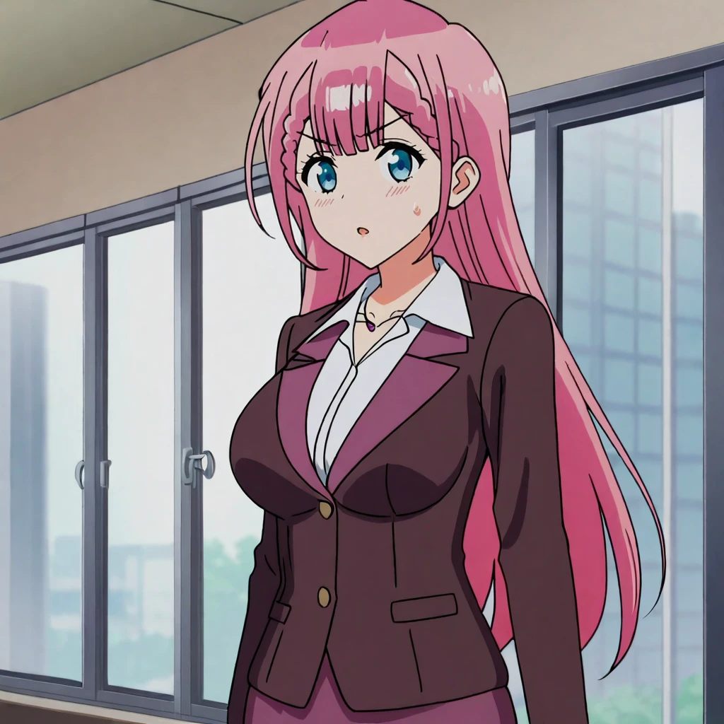 <lora:kirisuweneverlearn_pony_v1:.7>  Kirisu, 1girl, pink hair, long hair, pencil skirt, skirt suit, large breasts, brown jacket, formal, braid, blue eyes, white shirt, necklace, bangs, collared shirt, long sleeves, purple skirt, jewelry, office lady, breasts, facing the viewer, cowboy shot,