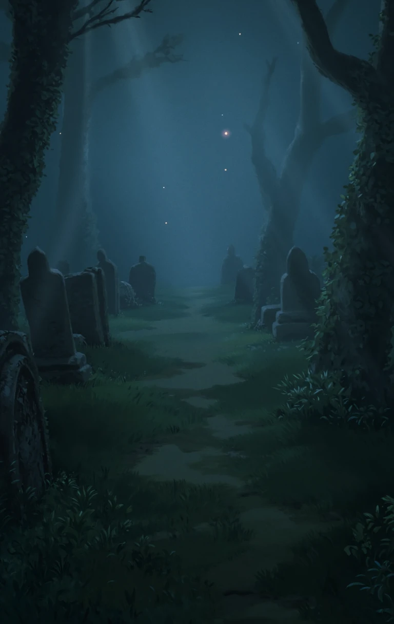 sgbl artstyle A mysterious, foggy graveyard with ancient, weathered tombstones, creeping ivy, and faint, eerie lights glowing between the trees..