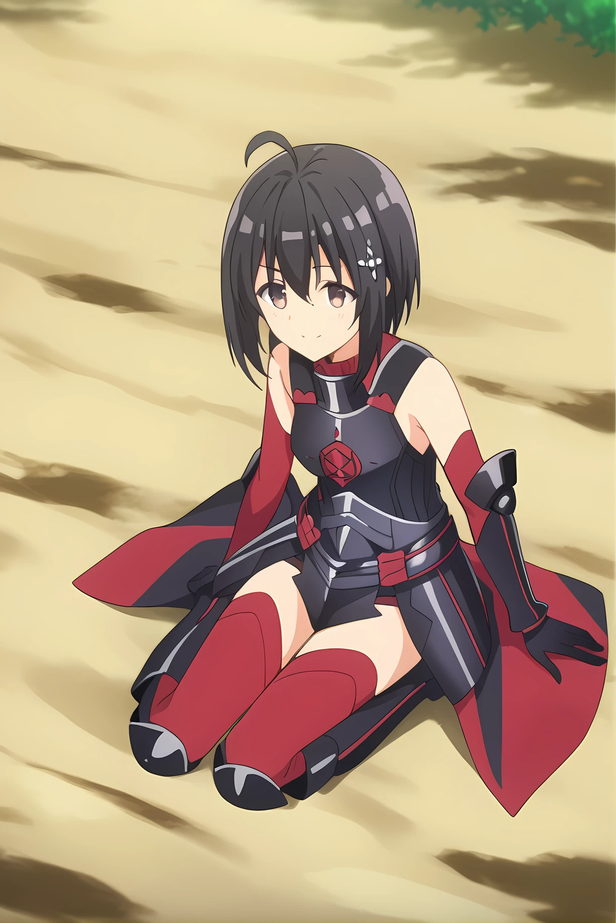 (black armor black gloves black boots red sleeves red thighhighs), bof-maple, black hair, hair ornament, medium breasts, 1girl, solo, skinny, feet, score_9, score_8, score_7, source_anime, light smile, outdoors, (1.3::full body|sitting|standing|lying|0.6::close-up| :1.20), <lora:bof-maple-V01-000005:0.90>