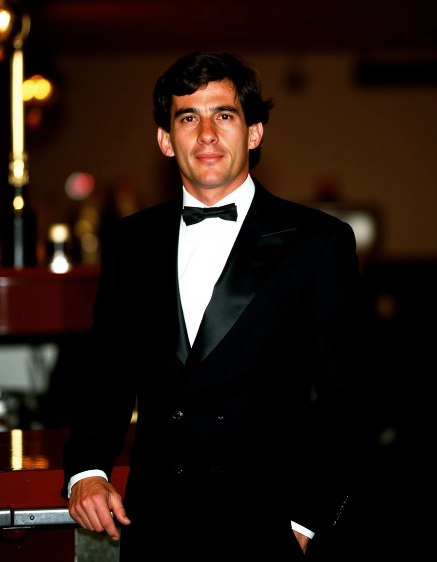 a Portrait Photo of Ayrton Senna,wearing a black suit,standing at the casino bar,Rio de Janeiro, 1990, <lora:ayrton_senna:1>