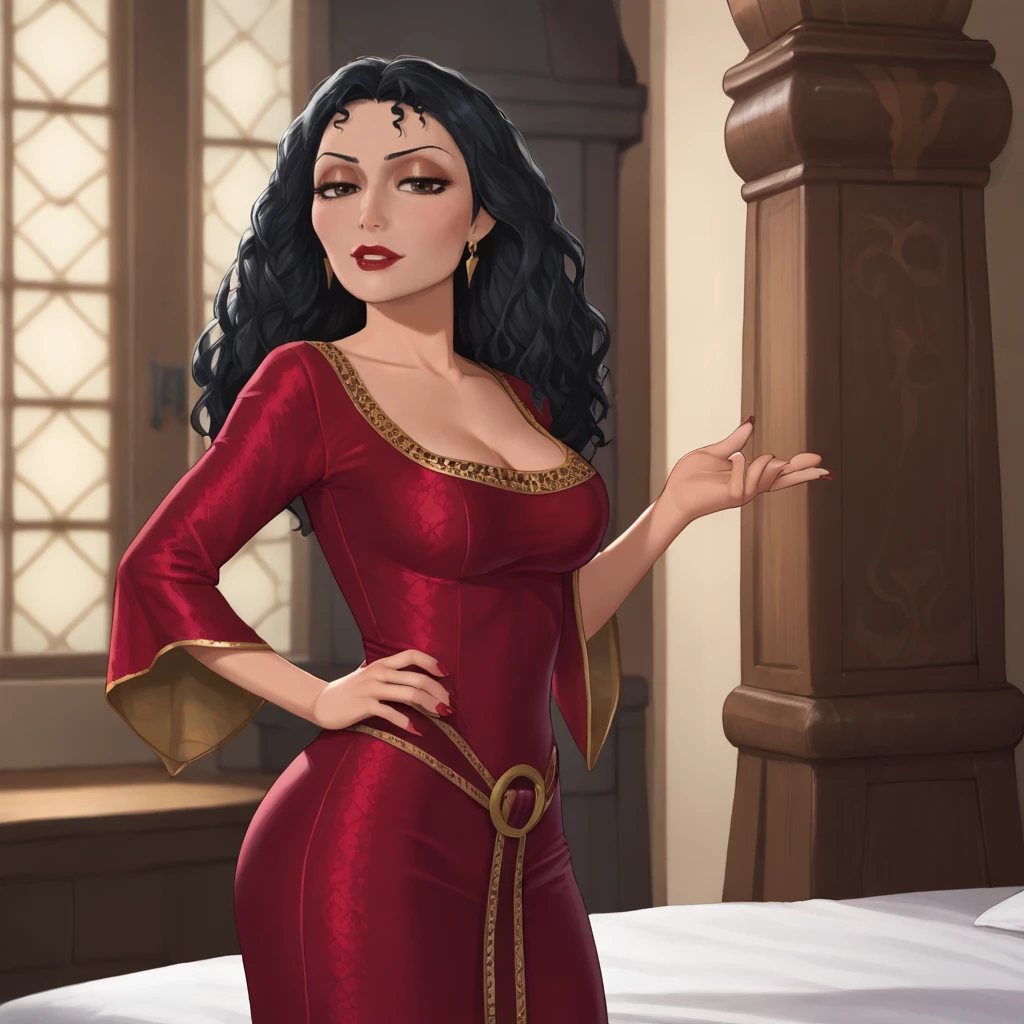 <lora:mothergothel_pony_v1:.8>mothergothel, 1girl, jewelry, earrings, red dress, makeup, long hair, black hair, lipstick, red lipstick, long sleeves, large breasts, fingernails, dark skin, cowboy shot