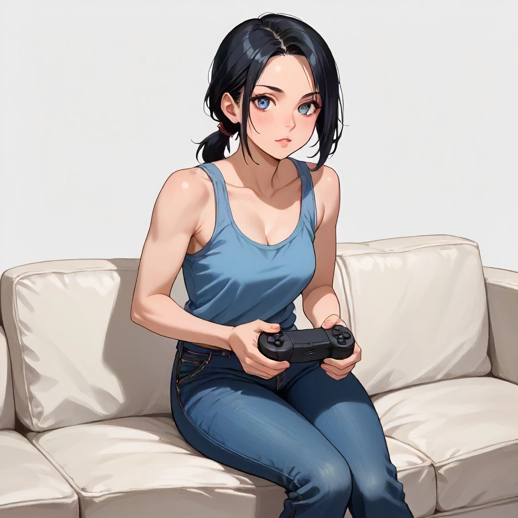 score9, solo, looking at viewer. simple background BREAK  <lora:btv marian crane v2:1> marian, 1girl, low ponytail, sidelock, short hair, gray-blue eyes, athletic build, strong. dark blue tank top, black jeans, sitting on couch, leaning forward, holding videogame controller, intense focus