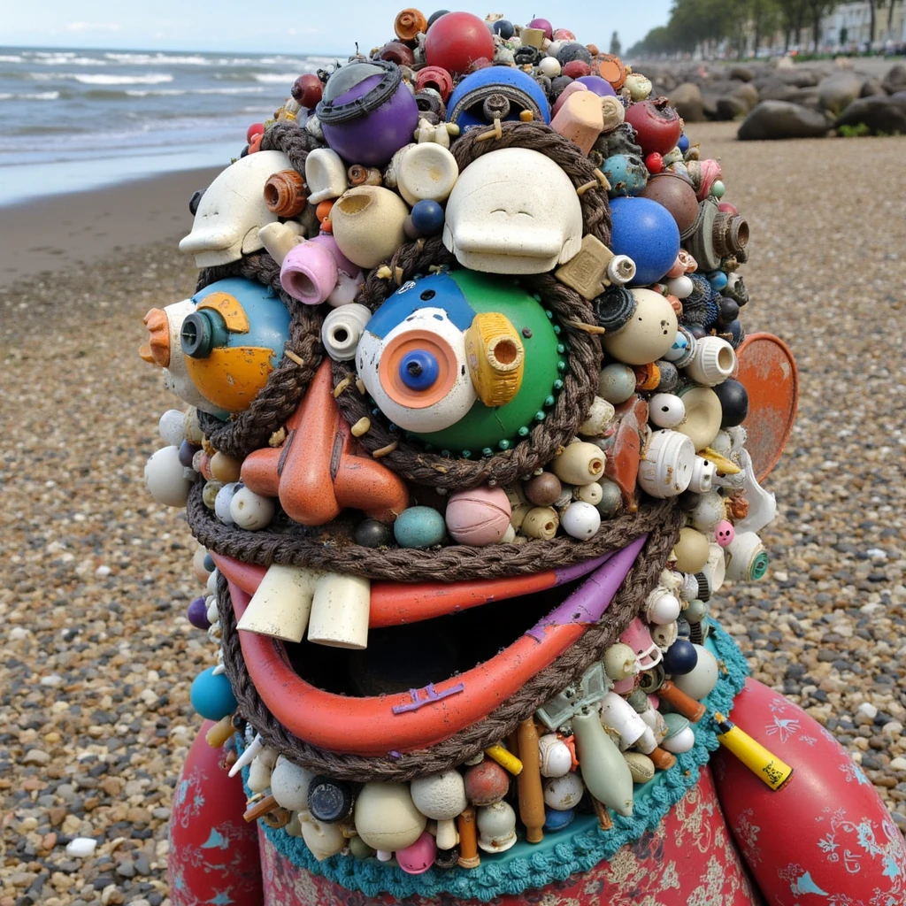 sculpure of funny troll face made of trash and junk, trashart, shallow depth of field