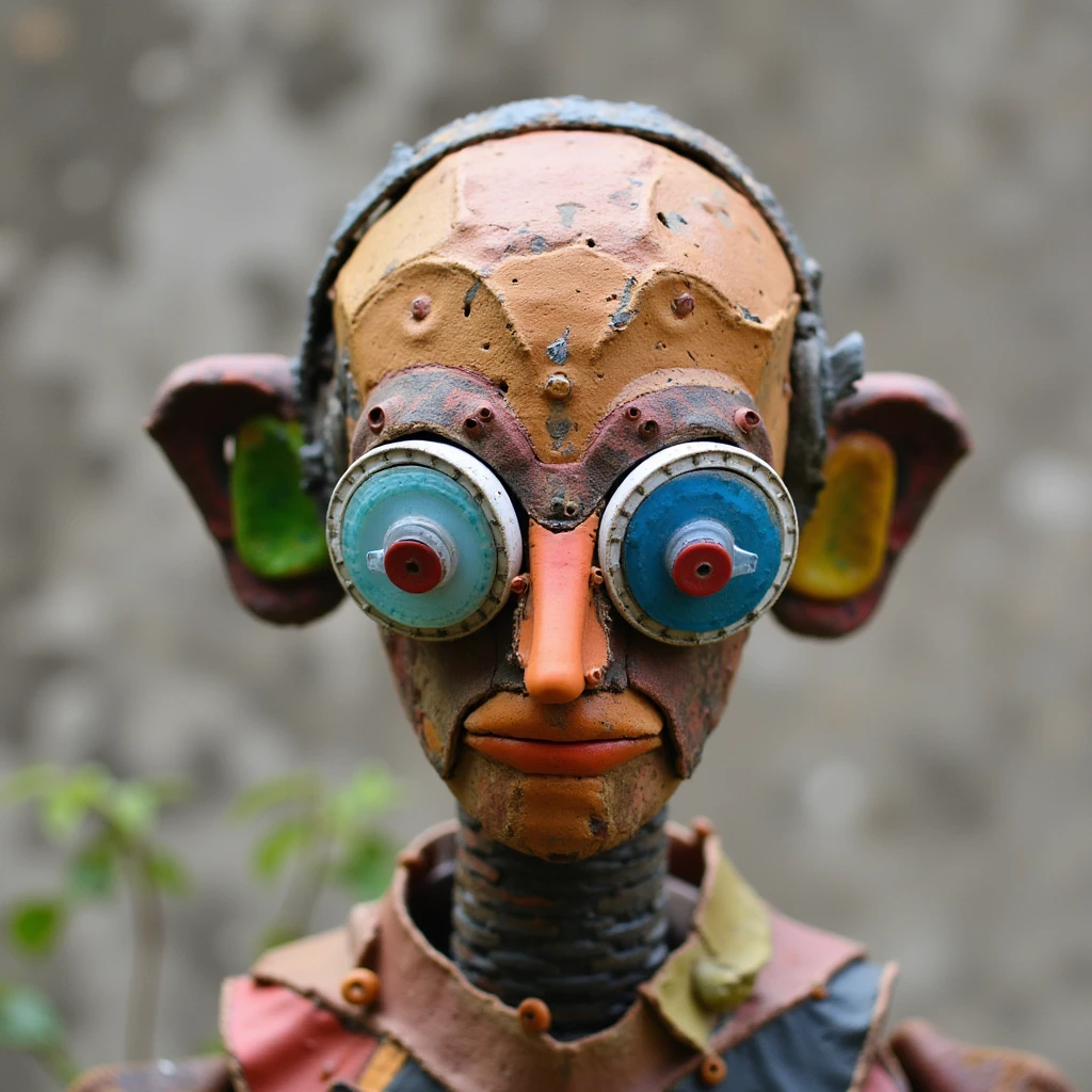 sculpure of funny robot face made of trash, trashart, shallow depth of field