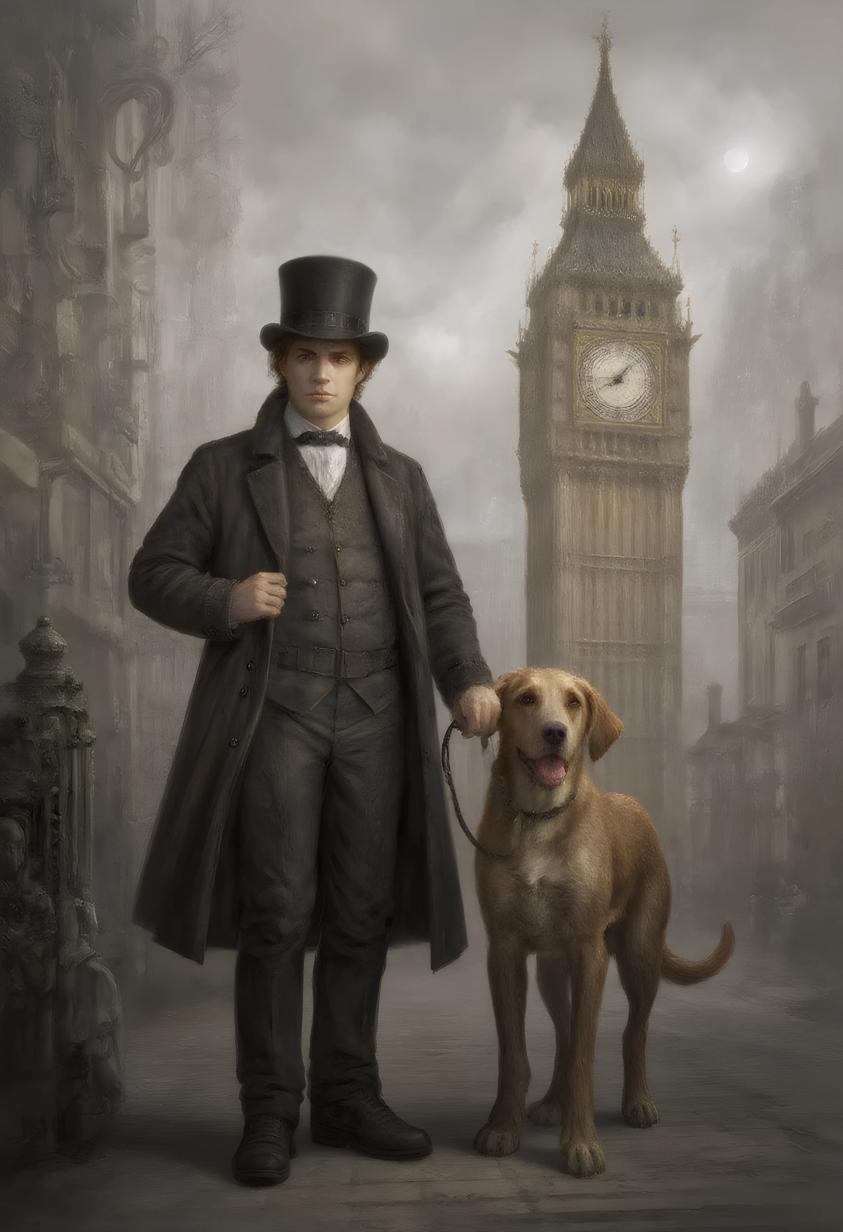 An english gentleman with a dog on the leash, the big ben in background