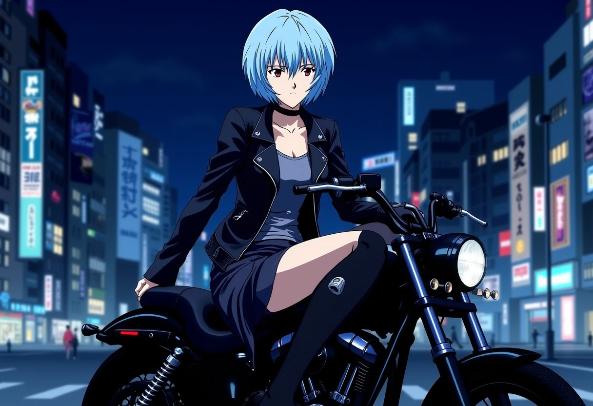 A detailed solo portrait of ppayanamirei. She has pale blue hair.
she is sitting on a black motorcycle. She wears leather jacket, a choker, short skirt and black stockings. She looks haughty. Tokyo city nightscape in the background. 
anime still, highly detailed. No flat color, no hand drawn, no fan art.
 <lora:Ayanami Rei - Flux prototype_epoch_3:1>, anime.