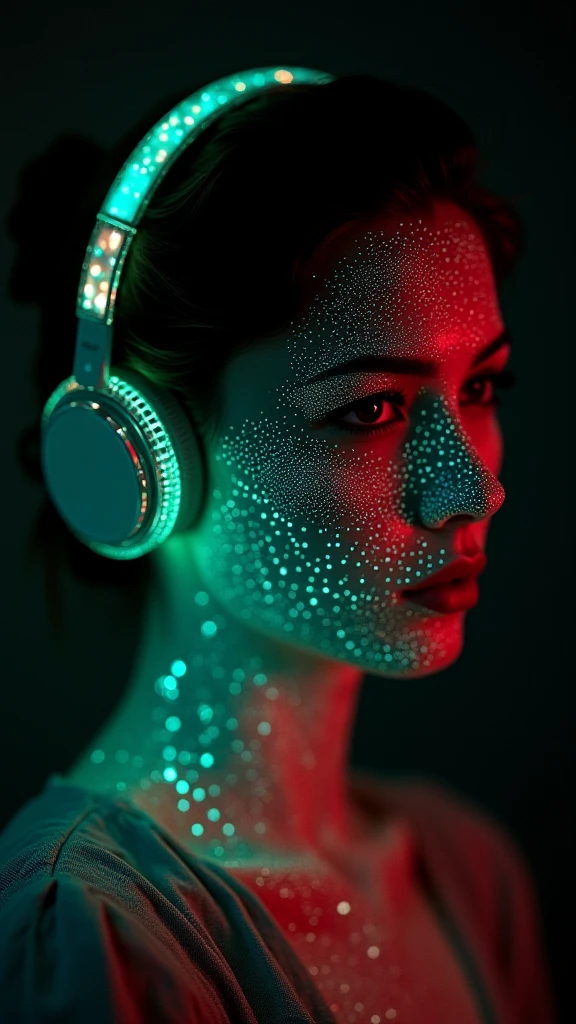 1qqq,Dot Mat Hologram,a glowing earphone in the dark,ethereal and dreamlike subjects,rich and nuanced color palettes,(emotional depth),elegant compositions,dopamine color,glowing lights,light red and green,