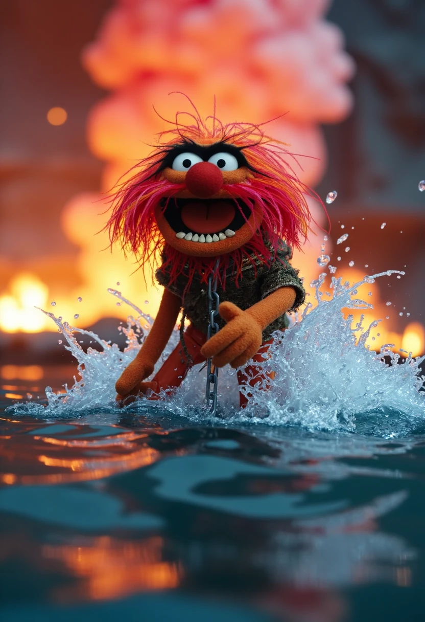 epic action shot of animal muppet riding a giant squid leaping out of the ocean water, volcanic eruption in the background, cinematic lighting, bokeh