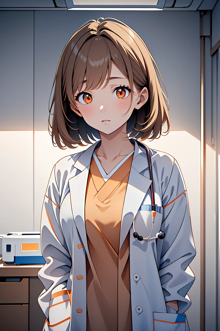 (RAW photo, best quality,facing the viewer,from front), operating room, overhead surgical light,blurred background, focused, dithering,backlighting,
 <lora:3dcc_Kimo_Tsunoda_V1.0:0.65> 3dcc, kimo tsunoda, 1girl, solo, light brown hair, orange eyes,
 <lora:DW_PG_Doctor_LabcoatOverScrubs1_1:0.8> labcoat and scrubs, 1girl, solo, looking at viewer, stethoscope,