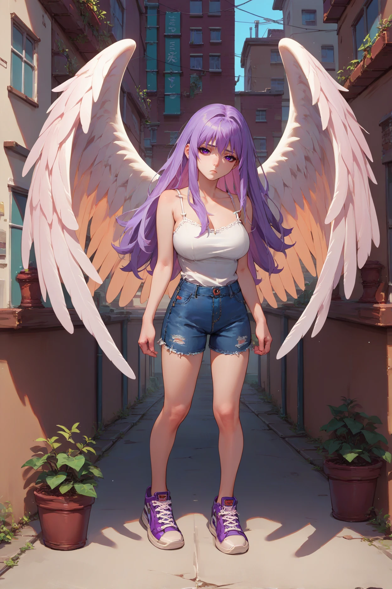 score_9, score_8_up, score_7_up, score_6_up, source_anime, 1girl, solo,  <lora:ysreah-pdxl-nvwls-v1-000005:1> angelReah, lavender hair, long hair, purple eyes, angel wings, white camisole, denim shorts, city, tired, looking at you, sneakers, full body, breasts, big breasts