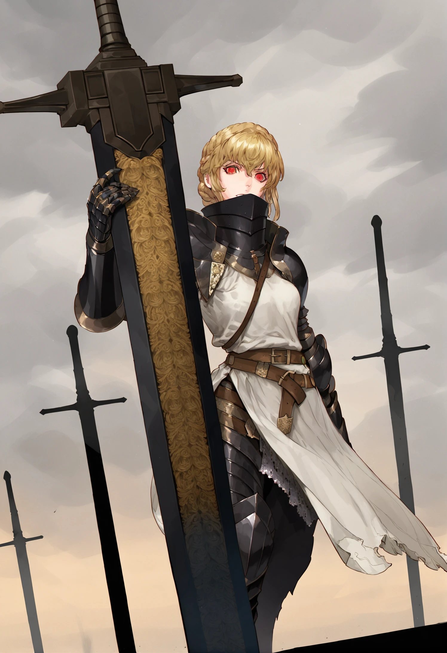 masterpiece, best quality, weapon, sword, solo, 1girl, red eyes, armor, blonde hair, belt, looking at viewer, planted sword, planted, short hair, braid, gauntlets, holding, holding weapon, holding sword, standing, tabard 
 <lora:mineoXLlokr4f-000176:0.95>