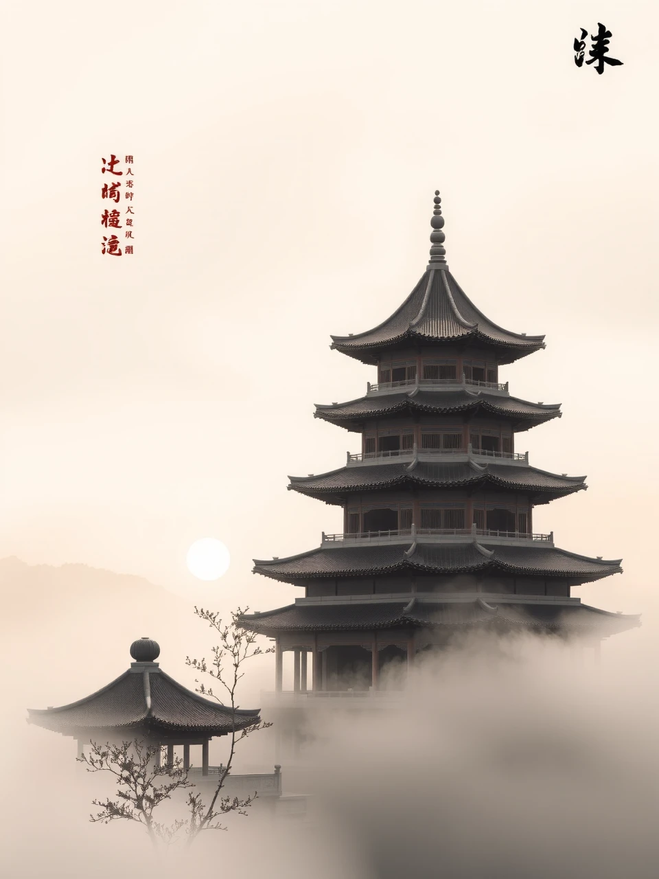 Buddhist Temple at Mount Wutai: A serene illustration of the ancient Foguang Temple on Mount Wutai,bathed in the ethereal glow of the morning light and enveloped by the soft embrace of mist.,
The image captures the Foguang Temple,a historic jewel of Buddhist architecture,nestled in the sacred landscape of Mount Wutai. The temple's ancient structure emerges from the morning mist,its silhouette etched against the soft,diffused light of dawn.,
The scene is dominated by the temple's iconic pagoda,with its tiered roof and ornate details,standing tall amidst the enveloping mist. The mist adds a layer of mystery and tranquility,highlighting the temple's spiritual essence and connection to the natural world.,
This portrayal captures the timeless beauty and spiritual significance of Foguang Temple,set against the backdrop of Mount Wutai's misty morning. The image evokes a sense of reverence and peace,reflecting the temple's role as a sanctuary for contemplation and spiritual practice in the heart of China's sacred Buddhist mountain.,