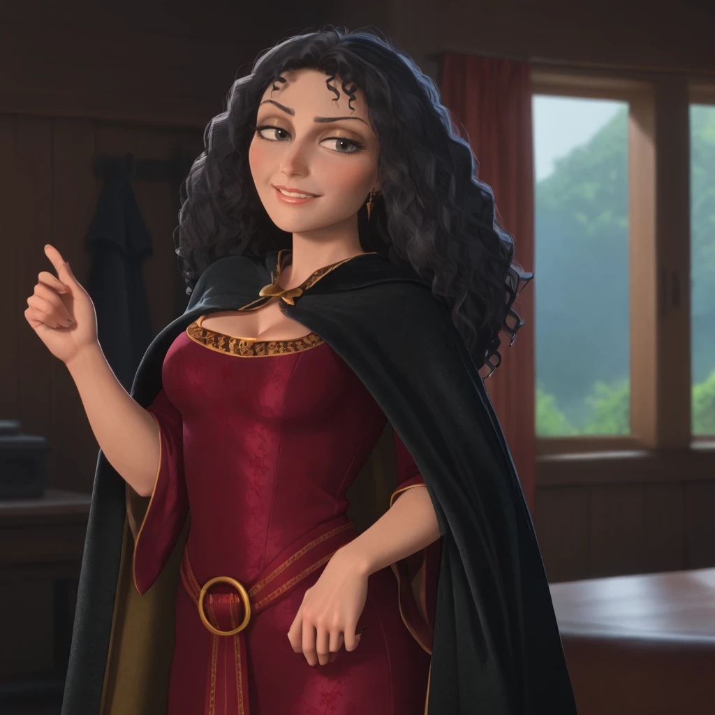 <lora:mothergothel_pony_v1:.8>mothergothelhood, 1girl, red dress, black hair, long hair, breasts, cape, cleavage, cloak, curly hair, cowboy shot