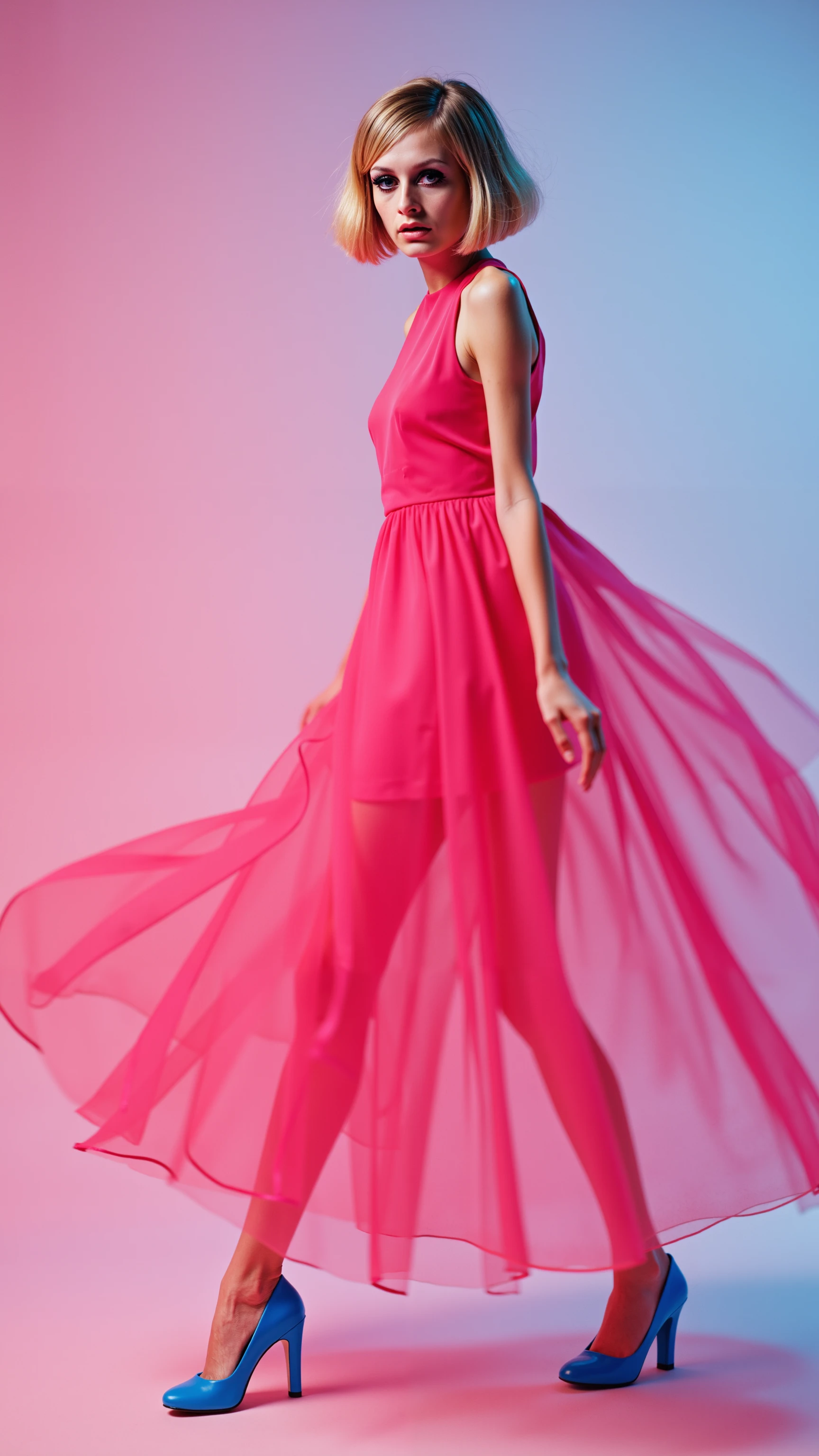 twiggy, A vibrant, 1970s-inspired photograph featuring Twiggy in a dreamy, ethereal setting. Twiggy is dressed in a flowing, bright pink dress that moves gracefully as she twirls, creating a soft, blurred effect around her figure. The dress is elegant yet playful, with sheer layers that catch the light as they swirl, while her bright blue high-heeled sandals add a bold contrast. The movement of the fabric creates a sense of motion and energy, capturing a timeless moment of style and grace.

Twiggy’s iconic makeup remains striking, with her signature thick black eyeliner framing her wide, doe-like eyes. Her exaggerated lower lashes are drawn on with precision, maintaining her famous mod look. Her lips are soft and natural, painted in a delicate pink that complements the vibrant hues of her dress. Twiggy’s hair is styled in a sleek, pulled-back look, allowing the focus to remain on her expressive eyes and flowing dress.

The background features a gradient of soft pinks and blues, with smooth transitions between the colors, enhancing the dreamy, otherworldly atmosphere. The lighting is soft yet dynamic, creating gentle shadows and highlights that emphasize the motion of her dress. The photograph captures the movement with a slight blur, typical of 70s photography, giving the image a nostalgic, artistic feel.

The overall mood is one of elegance and vibrancy, with Twiggy embodying the playful yet sophisticated fashion of the 70s in a strikingly modern, colorful setting. The combination of motion, color, and iconic style creates a timeless image that feels both retro and avant-garde.