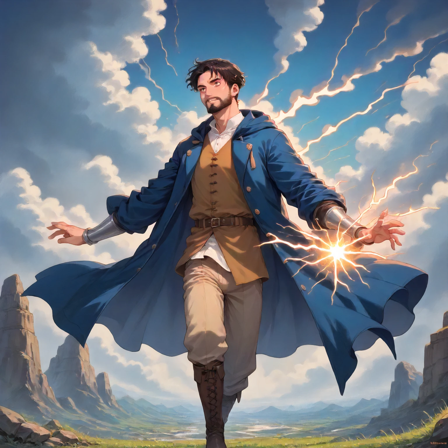 score9, dynamic pose, solo. BREAK btvcrane, 1boy. dark blue coat, brown vest, shirtm tan pants, boots. <lora:BTV Michael Crane:1> using magic, lightning magic, lightning