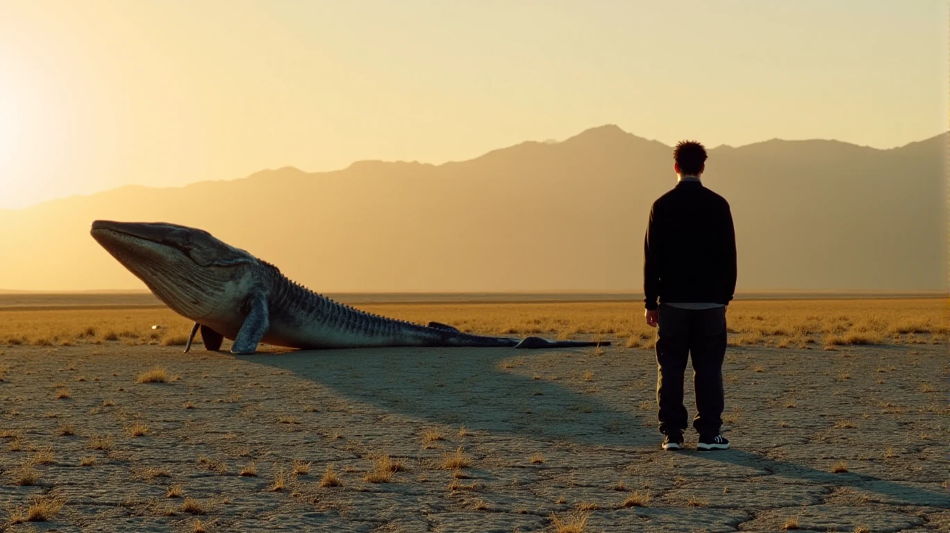 A man in a long-sleeved black shirt and black pants is standing on land that is cracked from drought, perhaps a dried-up lake. A sign with the text “In The End” is sticking out of the ground. Somewhere in the cracks you can see young grass, on top of a rolling field. In the background are mountains. A huge blue whale skeleton on the ground.  A ruined stone tower can be seen in the distance. Sunset. Realism. Ultra-detailing