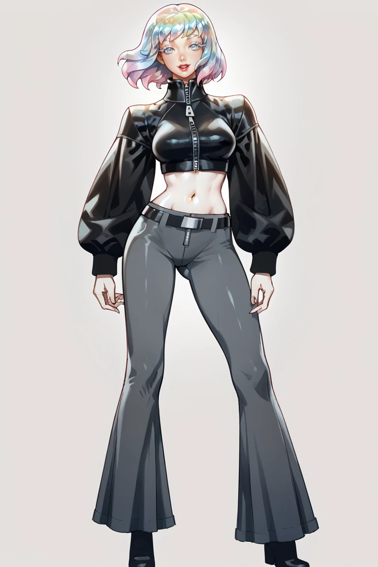 score_9, score_8_up, score_7_up BREAK ,smile,huge breasts,cowboy shot,very long hair,puffy lips,lipstick,
wearing edgBlackVelvet, 1girl, solo, simple background, long sleeves, navel, standing, jacket, monochrome, full body, midriff, belt, pants, grey background, zipper, fashion ,posing for a picture,looking at viewer,parted lips
<lora:edgBlackVelvetPony:1>
 <lora:Hoseki_HousekiNoKuni_Diamond_PDXL_v1:1> hskdmnd, crystal hair, colored eyelashes, multicolored hair, short hair