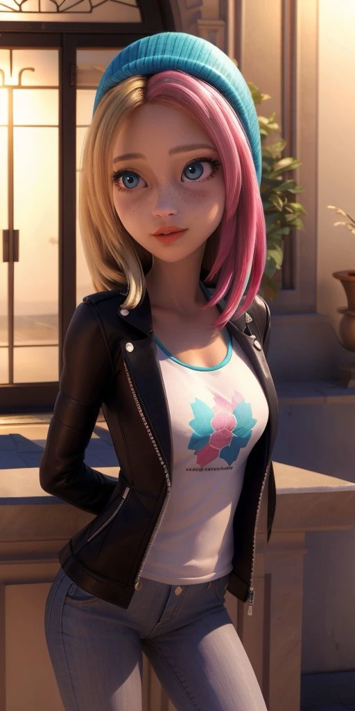 Hyperrealistic, photorealistic, super detailed, black unbuttoned jacket, white T-shirt, bright yellow jeans, vivid shade of azure eyes, shoulder length sandy blonde hair that has significantly shorter bangs with the ends reaching her shoulders, (hot pink dyed strands on the left side), light freckles, coral lips, body like in real life, large pores, peach skin tone, slender, beautiful arms, very little very flat breasts, unreal engine, octane render, droped shadow, bokeh, cinematic lighting, <lora:add_detail:0.5>, <lora:Volumetric_lighting:0.6>, Zoe Lee, , <lora:9c5d584a-ab50-49af-9d50-d339318f14f4:0.7>