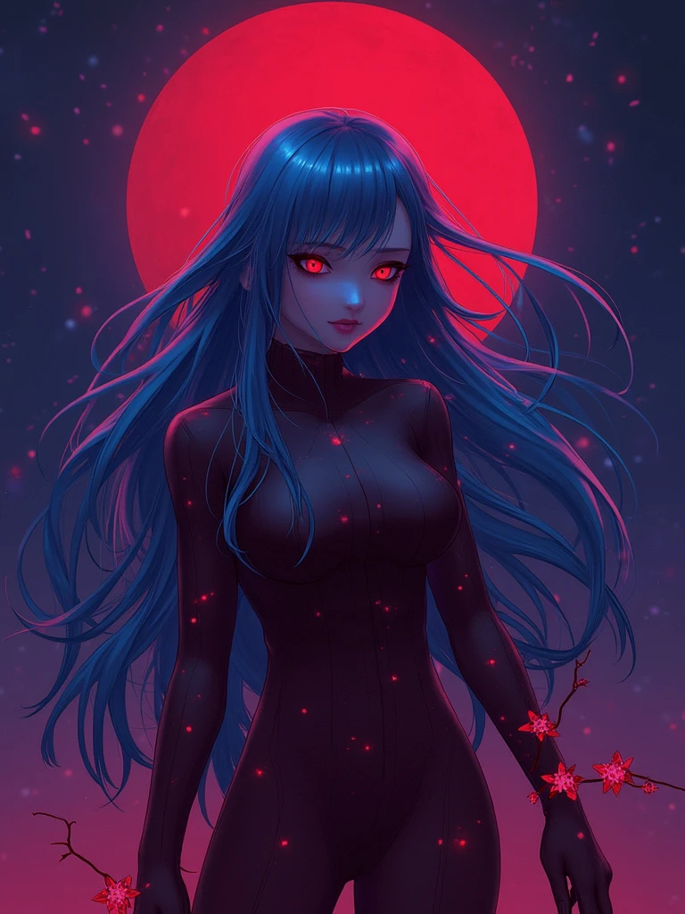 a girl wear dark sakura bodysuit, she has long blue hair and golden eyes.\n\na blood moon in the night.